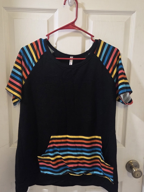 Watermelon Tops - Women's Black Tee with Multicolor Stripe Sleeves and Pocket